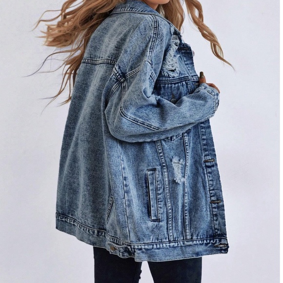 Distressed Button Down Loose Fit Denim Jeans Jackets - Picture 8 of 9